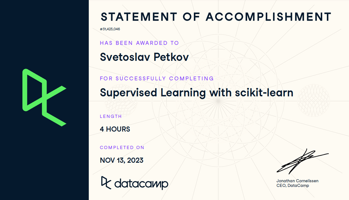 Сертификат Supervised Learning with scikit-learn